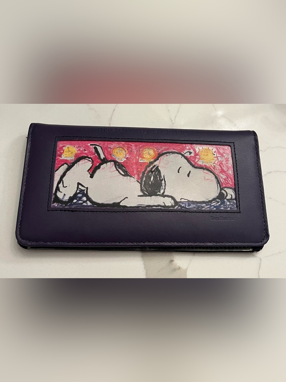 Snoopy card holder /checkbook by Everhart Purple leather Vintage